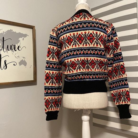 Navy Blue with Red & White Knitted Vintage 1980's Nordic Cardigan Sweater - Picture 6 of 12